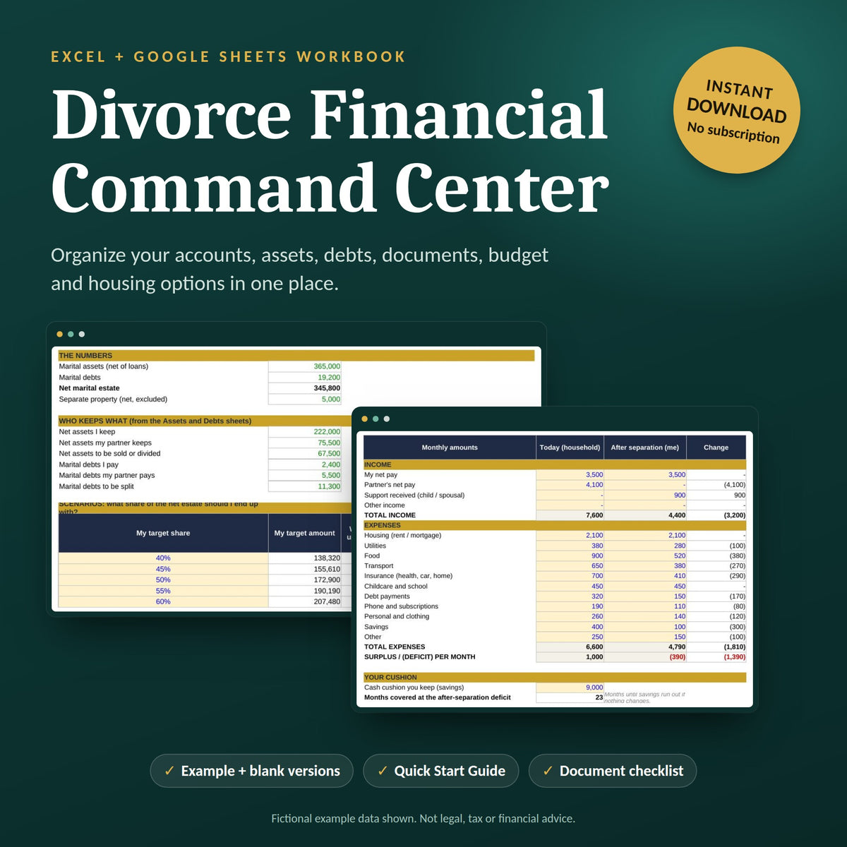 Divorce Financial Command Center | Excel + Google Sheets Workbook